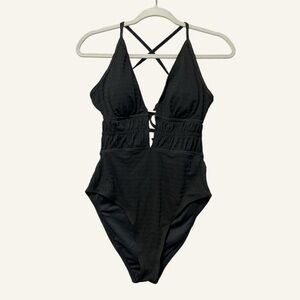 Cupshe Deep Plunge Tie Back One Piece Swimsuit NWT Size Medium Black Shirred